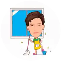 a cartoon of a man holding a mop and bucket in front of a window