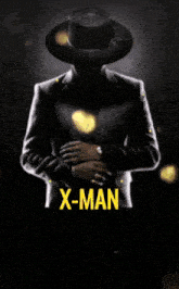 a poster for x-man shows a silhouette of a man holding a gold coin