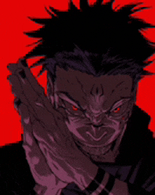 a close up of a person 's face with red eyes on a red background