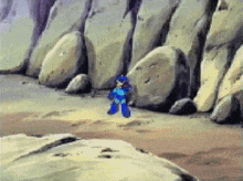 a pixel art of a video game character standing in front of rocks