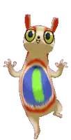 a cartoon character with big eyes and a rainbow belly
