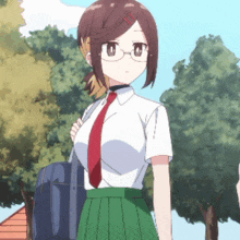 a girl wearing glasses and a tie is carrying a blue bag