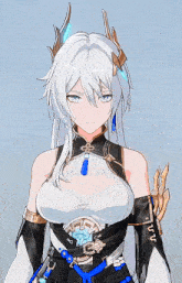 a girl with white hair and blue eyes is wearing a black and white dress
