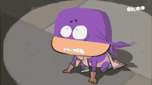 a cartoon character with a purple mask and a pink scarf
