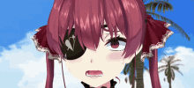 a girl with red hair and a black eye patch has a surprised look on her face
