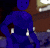 a purple robot with a smiley face on his face