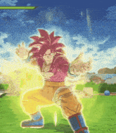a cartoon character with red hair and yellow pants is standing in a field