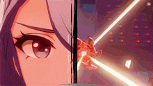 a screenshot of a video game shows a woman 's face and a sword