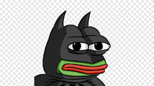 a cartoon frog is wearing a batman costume and has a red mouth .