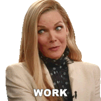 a woman with long blonde hair and a white jacket says work