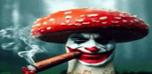 a mushroom with a clown face painted on it smoking a cigar .