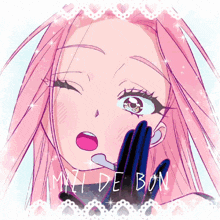 a drawing of a girl with pink hair and the words milli de bon below her