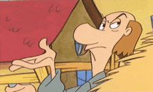 a cartoon man with a big nose is standing in front of a roof .