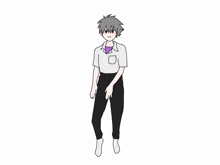 a cartoon drawing of a boy with gray hair and a purple shirt