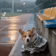 a corgi dog wrapped in a newspaper is sitting on the sidewalk in the rain .