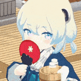 a cartoon girl is holding a fan and a bucket of water