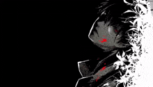 a black and white drawing of a person with blood on their face and flowers in the background .