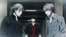 three anime characters are standing next to each other and one of them has a tattoo on his face that says ' hk '
