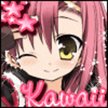 a close up of a girl with pink hair and the word kawaii on her face .