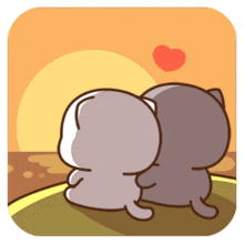 a couple of cartoon cats looking at a sunset with a heart in the background