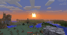 a screenshot of a minecraft game shows the sun setting over a river