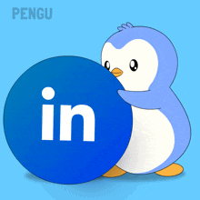 a penguin is holding a blue ball with the word in written on it