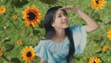 a woman in a blue dress stands in front of a field of sunflowers
