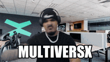 a man wearing headphones says " multiversx " in a room