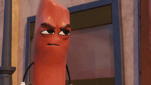 a cartoon sausage with an angry look on his face is standing in front of a building