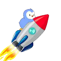 a penguin is sitting on top of a rocket that is flying through the air