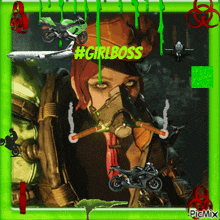 a picture of a woman smoking a cigarette with the words #girlboss written above her