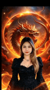 a woman in a black dress is standing in front of a painting of a dragon