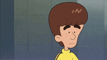 a cartoon character with brown hair and a yellow turtleneck is holding a piece of paper