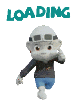 a cartoon character is standing in front of a sign that says " loading "