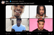 a twitter post by zion asks which content creator makes the best music