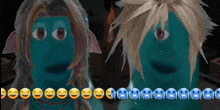 a couple of cartoon characters standing next to each other