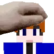 a hand is holding a cartoon character 's head in a pixel art style .
