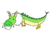 a cartoon drawing of a green dragon with yellow feet