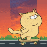 a cat is riding a skateboard down a road