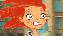a cartoon of a girl with red hair and green eyes