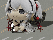 a man stands next to a giant stuffed doll on the side of the road
