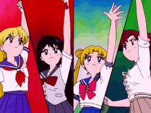 a group of anime girls are standing next to each other with their arms up