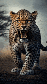a leopard with its mouth open and teeth visible