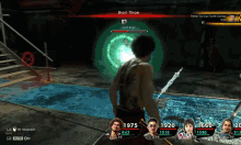 a screenshot of a video game with a beast throw in the background