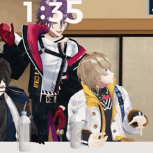 a group of anime characters are sitting at a table with a clock displaying the time of 1:35