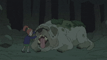 a cartoon of a girl petting a monster dog with its tongue hanging out
