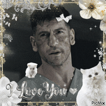 a picture of a man with a bow on his head and the words " i love you "