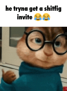 a cartoon chipmunk wearing glasses and a blue sweater