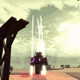 a video game character is flying through the air with a purple glow