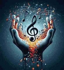 a person is holding a treble clef and music notes in their hands .